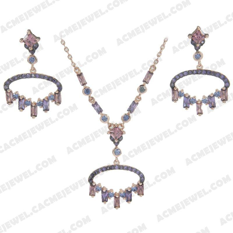 ﻿Jewellery Set 925 Sterling Silver 2-tone Rose gold and black rhodium